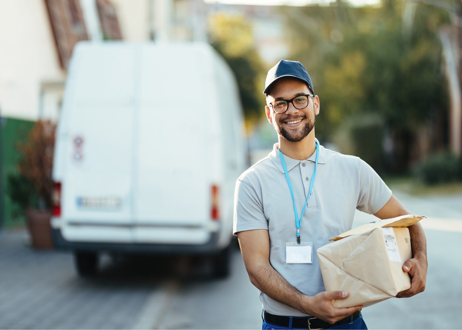 portrait of young happy courier with packages for a delivery.