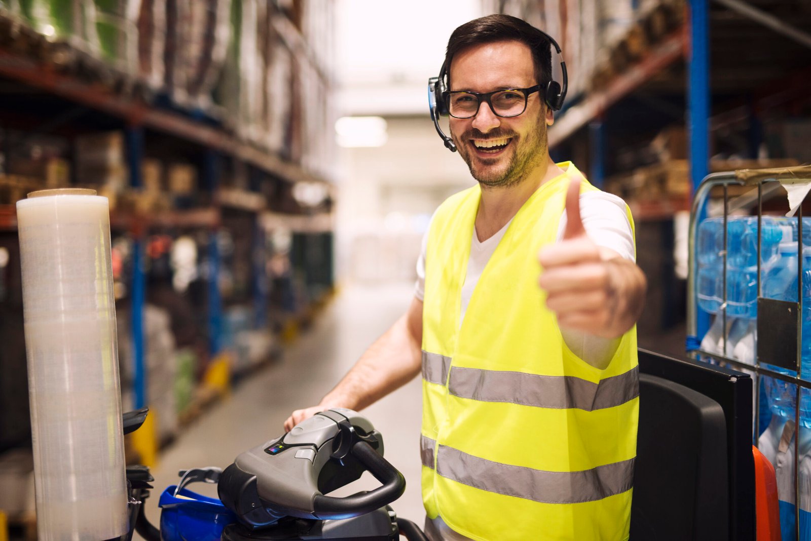 distribution warehouse worker with headset for communication organizing goods delivery.